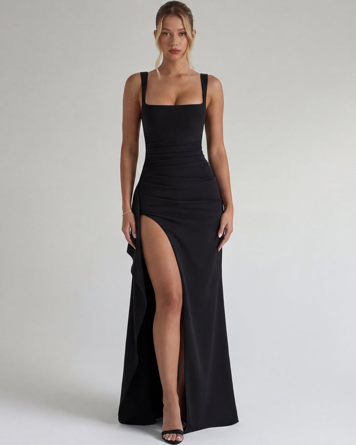 Damska sukienka na specjalne okazje, maxi, z rozcięciem, modelująca figurę, elegancki dekolt.