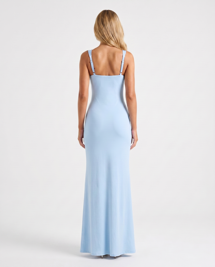 Modelująca sukienka maxi damska, idealna na wieczór, z rozcięciem i eleganckim dekoltem.