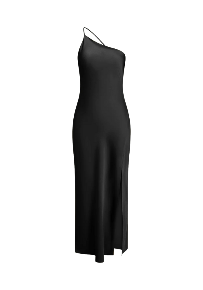 Asymetryczna sukienka maxi, wieczorowa, z odkrytymi plecami. Modna i elegancka na przyjęcie dla kobiet.