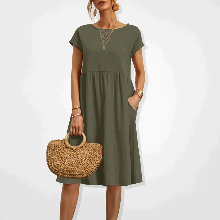 Rozkloszowana sukienka midi damska z krótkim rękawem i okrągłym dekoltem, styl elegancki i casualowy.