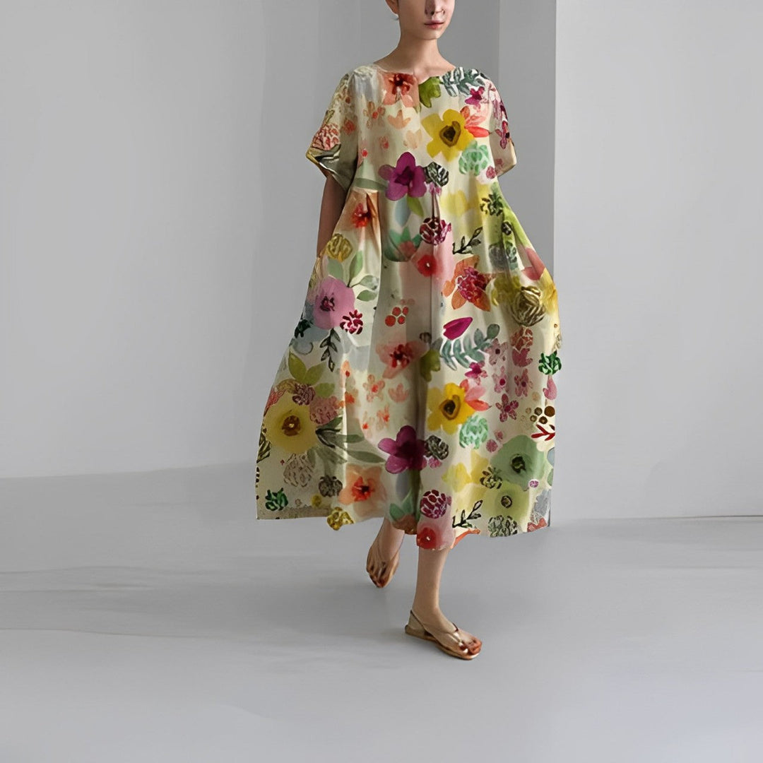 Elegancka sukienka midi Inez z luźnym krojem i modnym nadrukiem, uniwersalna damska odzież.
