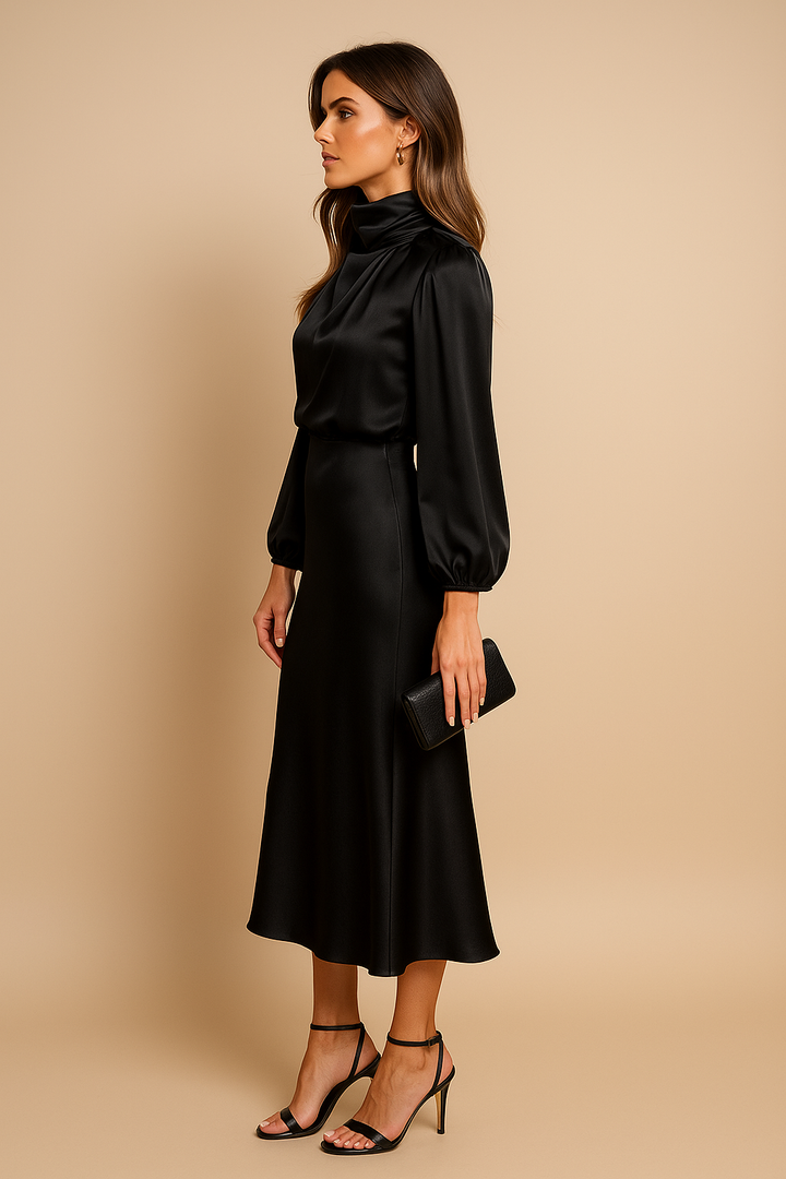 Modna sukienka midi damska z długim rękawem i podwyższoną talią. Wysoki dekolt. Elegancki, uniwersalny fason.