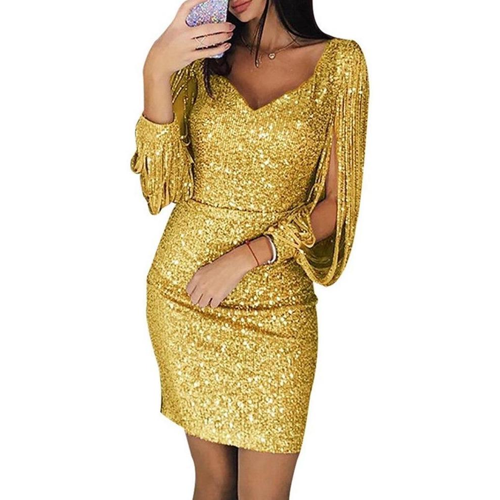 Elegancka sukienka mini z cekinami i ozdobnymi rękawami. Idealna na wieczorową imprezę i party.