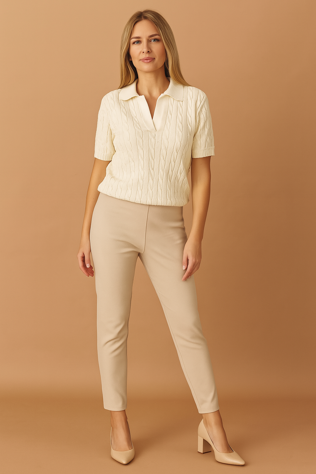 Elegancka damska bluzka sweterkowa polo z kołnierzykiem, krótki rękaw, komfortowa moda na co dzień.