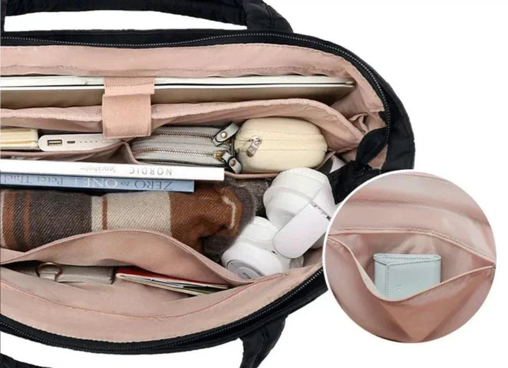 Pikowany materiał damskiej torby shopper Puff. Stylowa, duża torba na ramię, idealna do pracy i na co dzień.