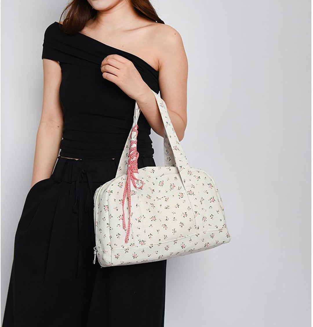 Elegancka torba duffle Floria z kokardą, z płótna, damska, na weekendowe wyjazdy.