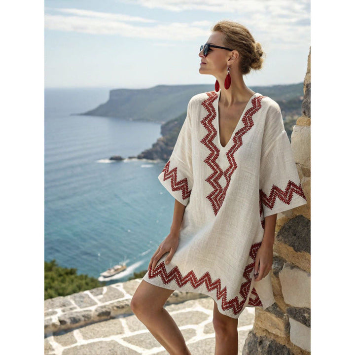 Damska tunika plażowa boho z dekoltem w serek z etnicznym wzorem