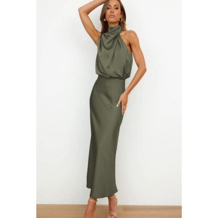 Modna sukienka maxi damska, idealna na wesele. Wieczorowa kreacja glamour z dekoltem halter, dostępne duże rozmiary.