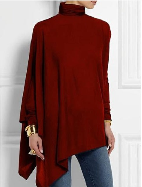 Asymetryczny top damski elegancki. Stylowa bluzka z długim rękawem, wysokim kołnierzem, komfortowa i modna.