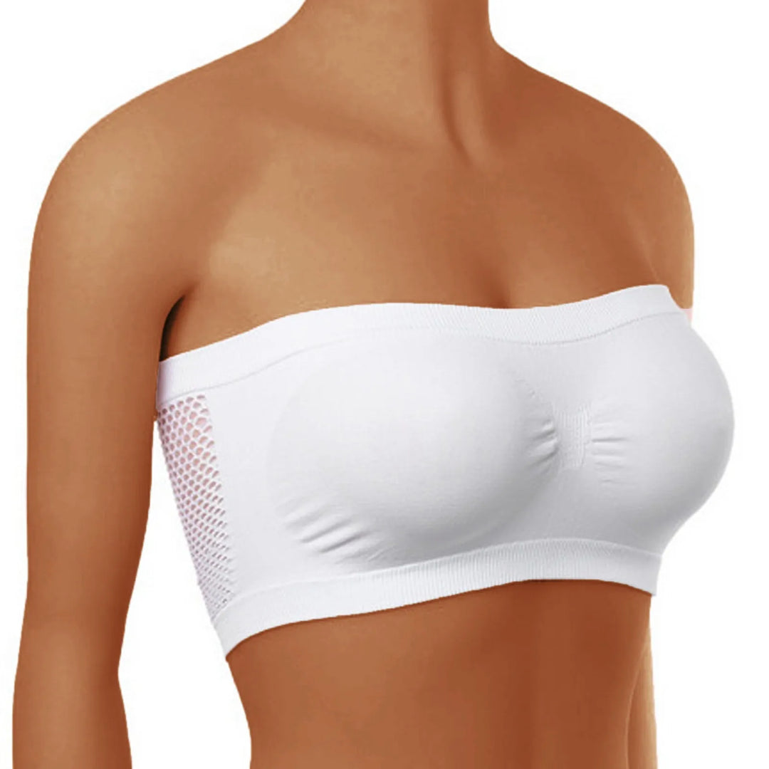 Damski biustonosz bandeau z elegancką siateczką na plecach. Bezszwowy, wygodny, idealny pod sukienki.