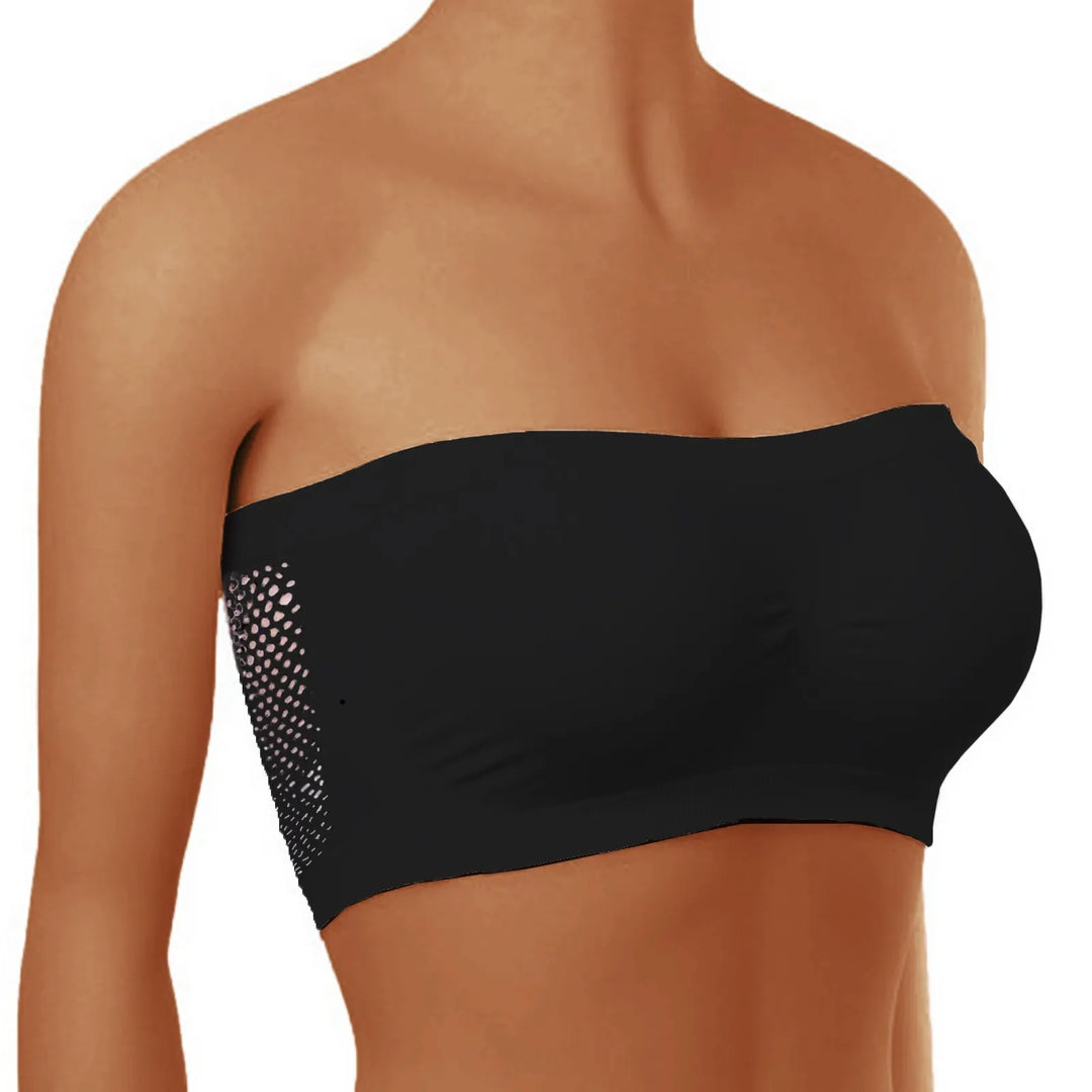 Elegancki biustonosz bandeau dla kobiet, z ozdobną siateczką na plecach. Komfortowa bielizna, idealna na lato.