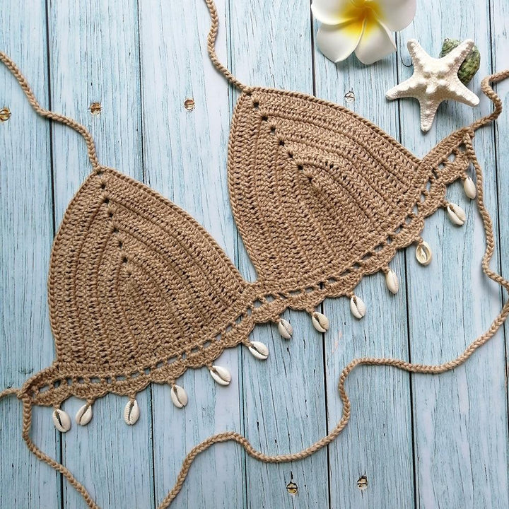 Damski biustonosz kąpielowy bikini boho z muszelkami, idealny na lato i plażę, wiązany.