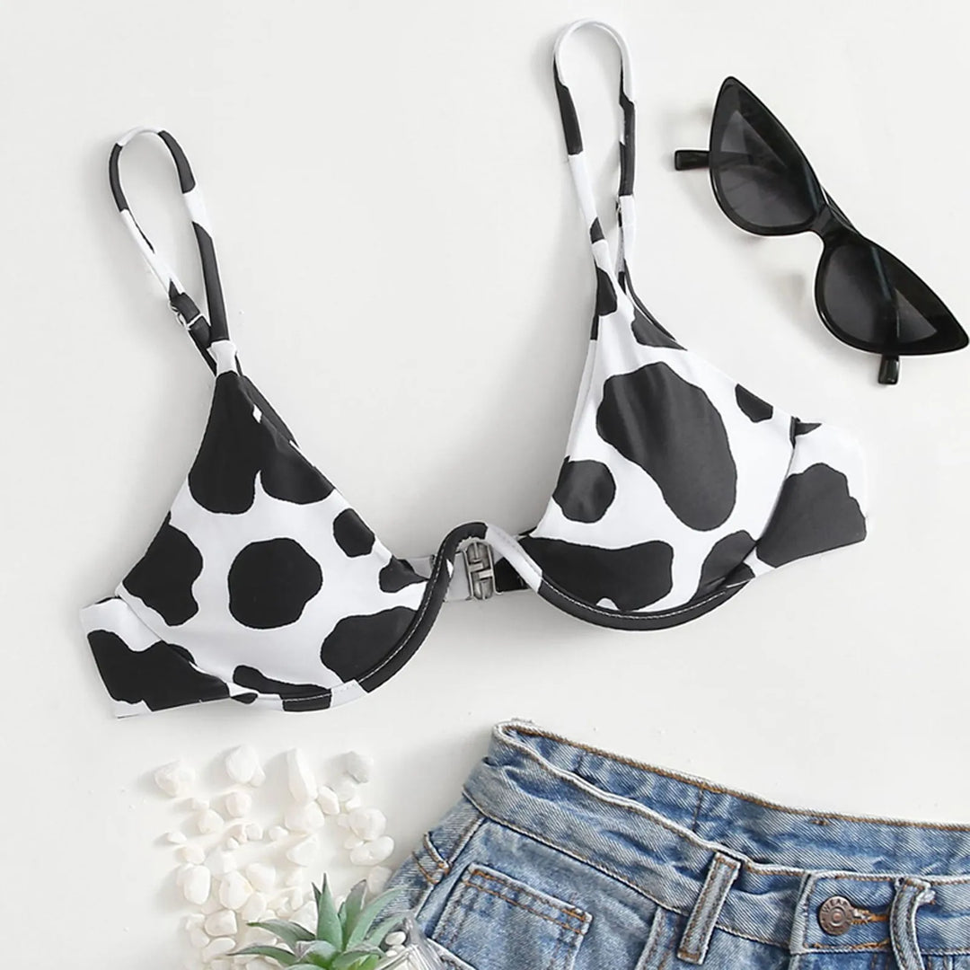 Damski biustonosz kąpielowy bikini usztywniany, modny wzór krowie łaty, idealny na lato i plażę.