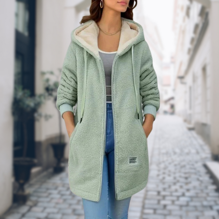 Damski modny kardigan zimowy z polarową podszewką i kapturem. Oversize, idealny na co dzień.