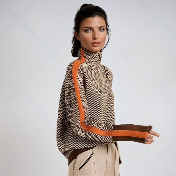 Damski ciepły sweter w paski z wysokim kołnierzem. Stylowy golf damski na jesień i zimę.