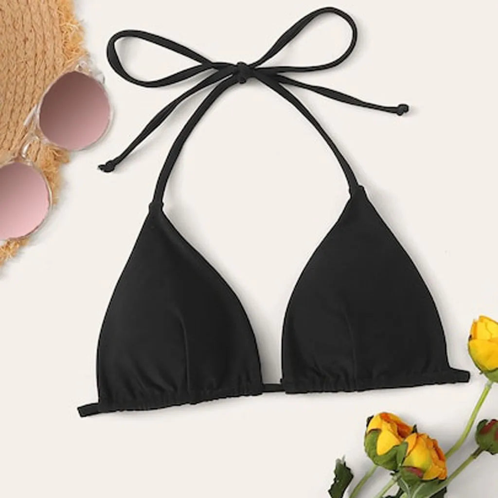 Czarny biustonosz kąpielowy damski bikini z regulowanym wiązaniem, komfortowy i stylowy na lato.