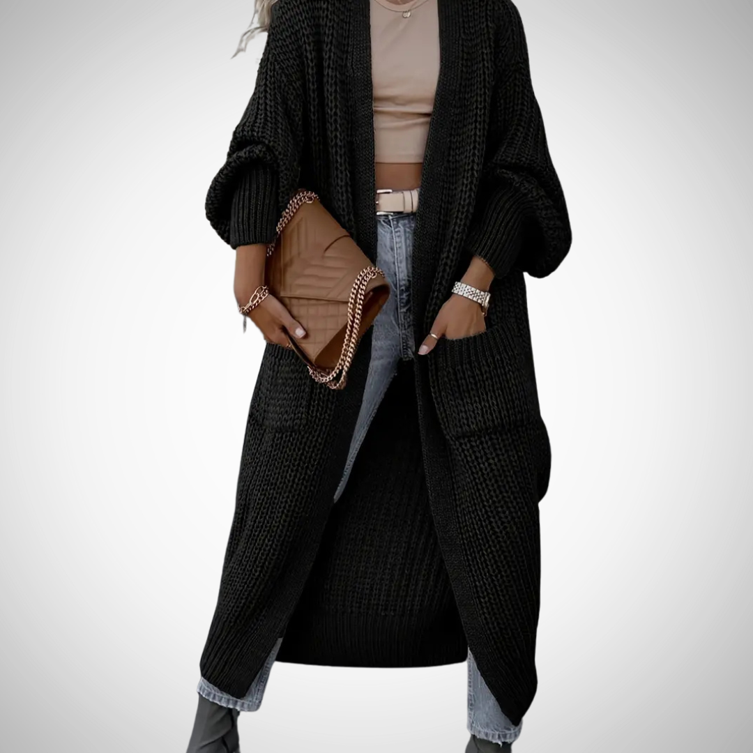 Damski długi kardigan z dzianiny, elegancki sweter oversize w kolorze czarnym, idealny na chłodne dni.