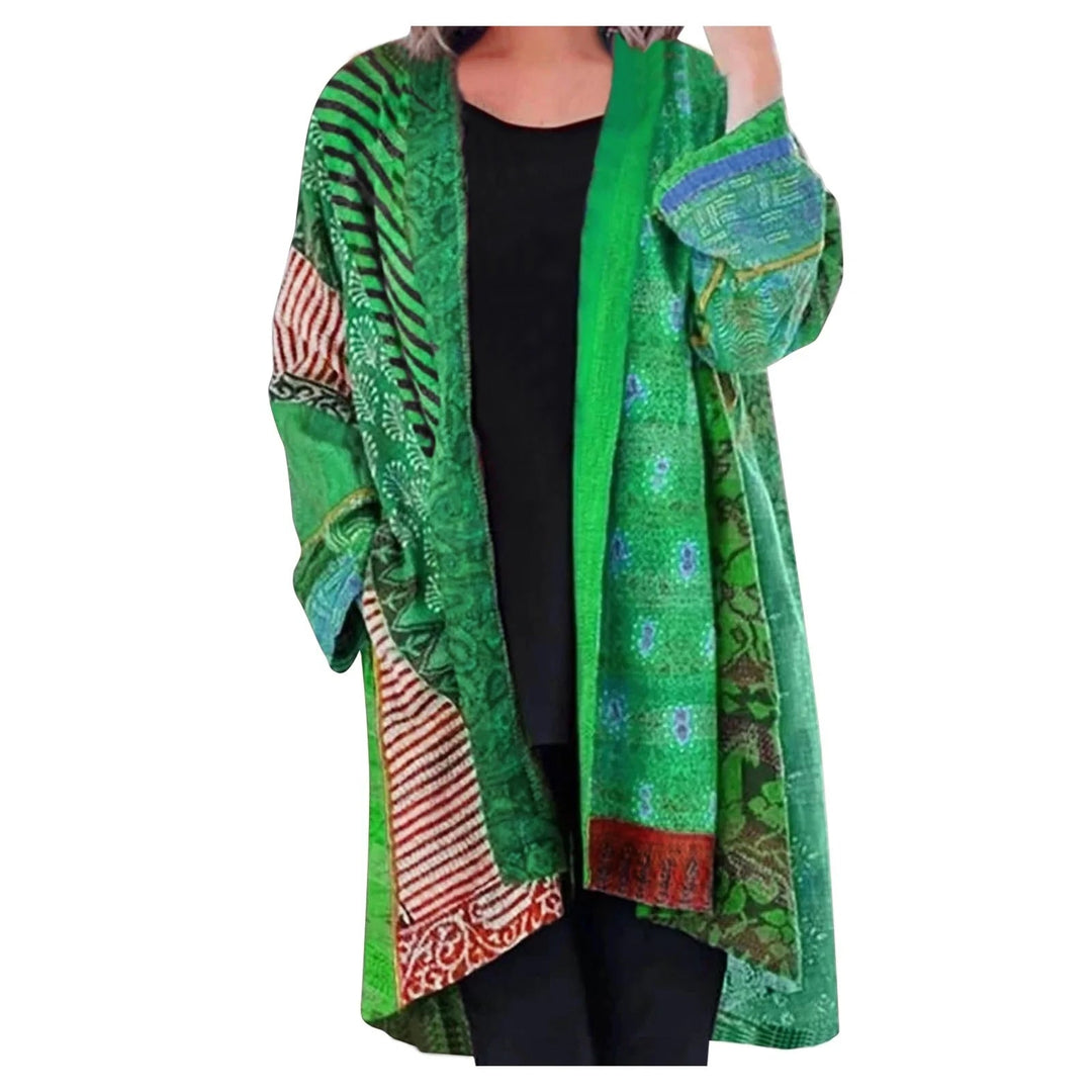 Modny długi kardigan damski w stylu patchwork vintage, idealny na chłodne dni.