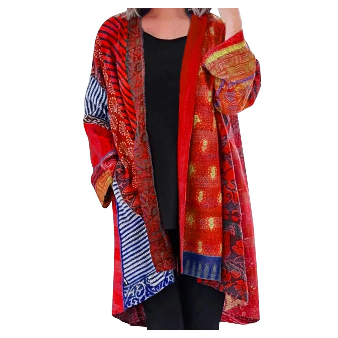 Kolorowy długi kardigan damski patchwork, ciepły sweter vintage na zimę.