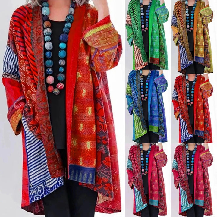 Elegancki damski długi kardigan patchwork, narzutka vintage na jesienne i zimowe stylizacje.