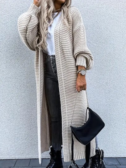 Elegancki beżowy kardigan damski, długi i modny sweter na co dzień, pasuje do wielu outfitów.