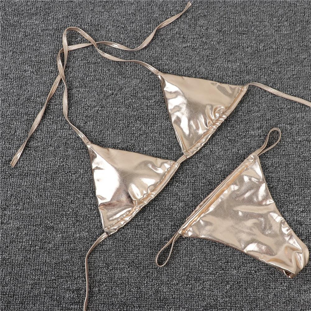 Modne damskie mikro bikini stringi z imitacji skóry, dwuczęściowy strój kąpielowy.
