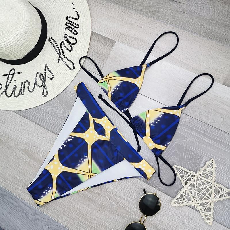 Niebieski strój kąpielowy bikini damski z geometrycznym nadrukiem, dwuczęściowy, na lato.