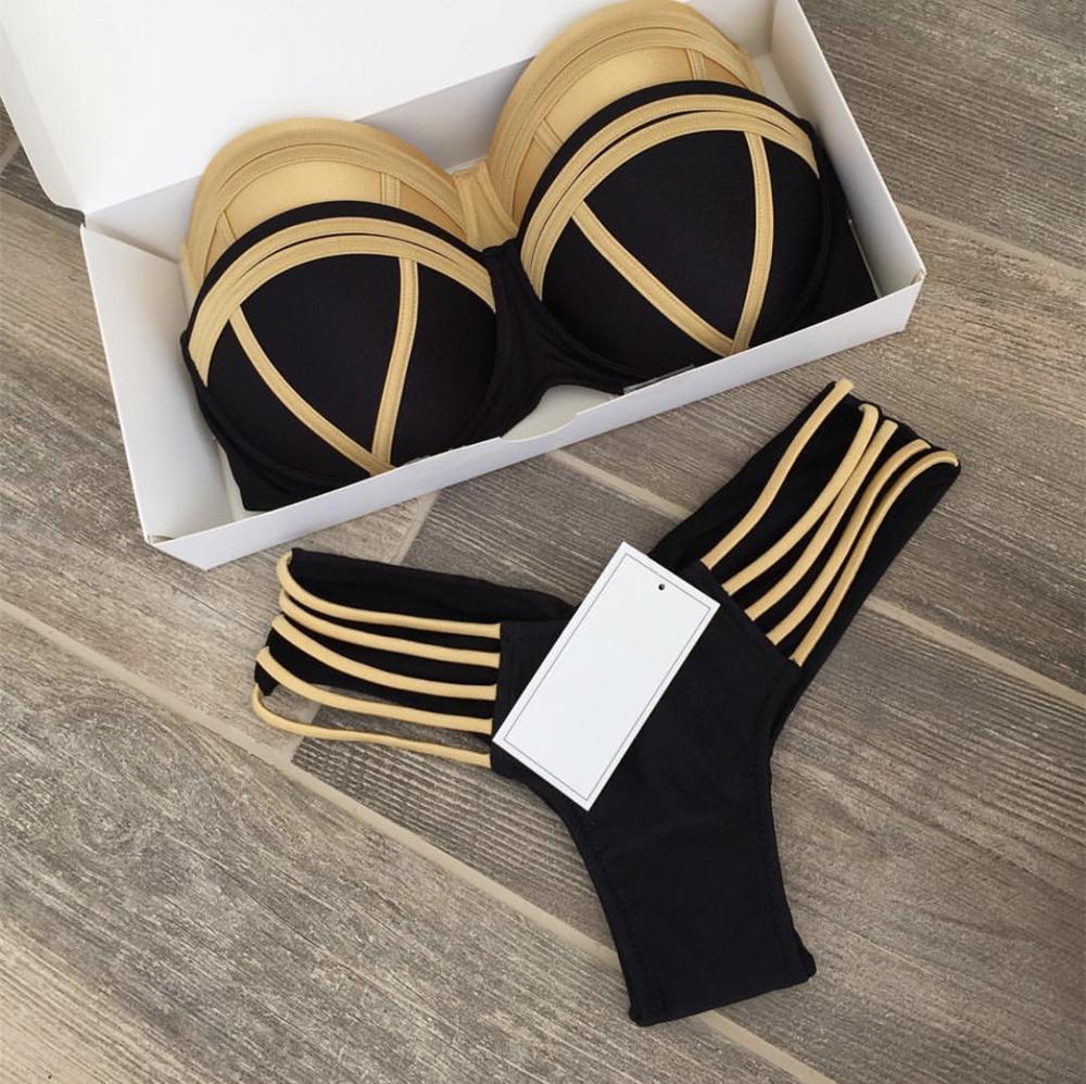 Błyszczące bikini damskie glamour z dołem typu brazyliany. Dwuczęściowy strój kąpielowy na lato.