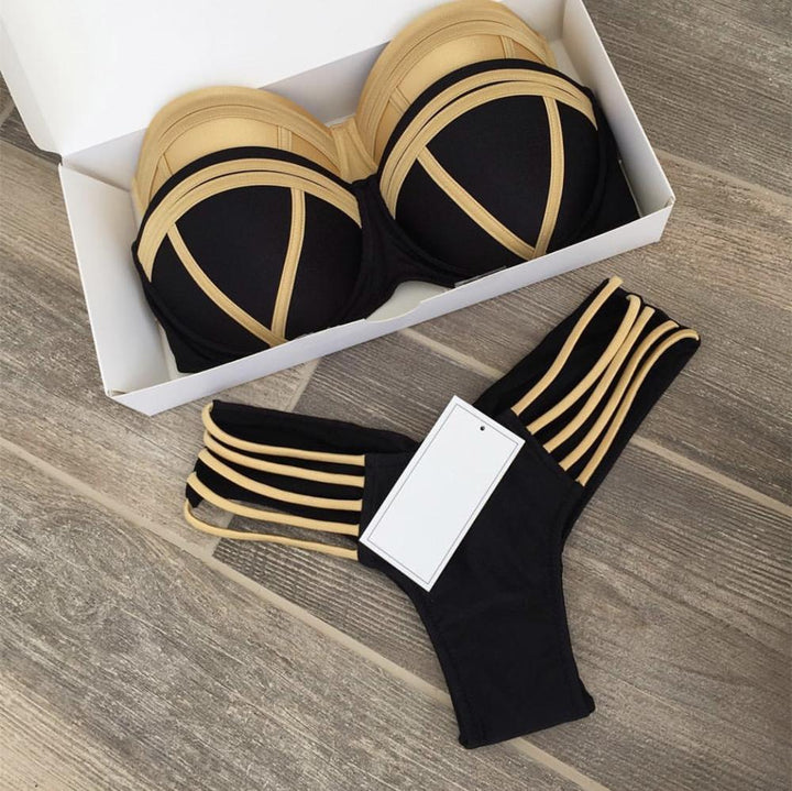 Błyszczące bikini damskie glamour z dołem typu brazyliany. Dwuczęściowy strój kąpielowy na lato.