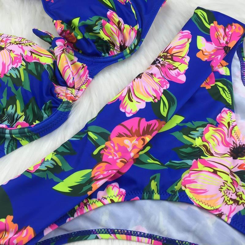 Eleganckie bikini damskie granatowe z pomarańczem. Dwuczęściowy strój kąpielowy regulowany, na lato.