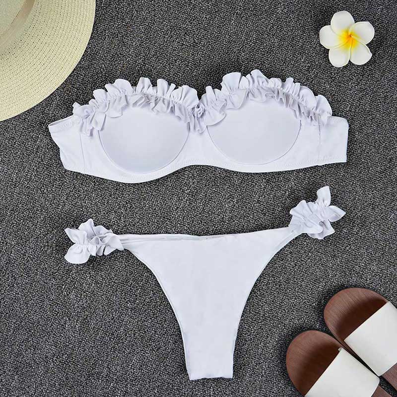 Stylowy dwuczęściowy strój kąpielowy bikini damski z falbankami, modne brazyliany na lato.
