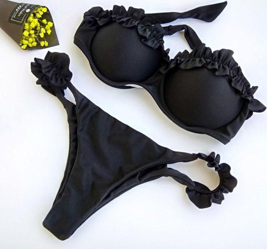 Damski strój kąpielowy bikini dwuczęściowy z falbankami, modne brazyliany, idealny na plażę.