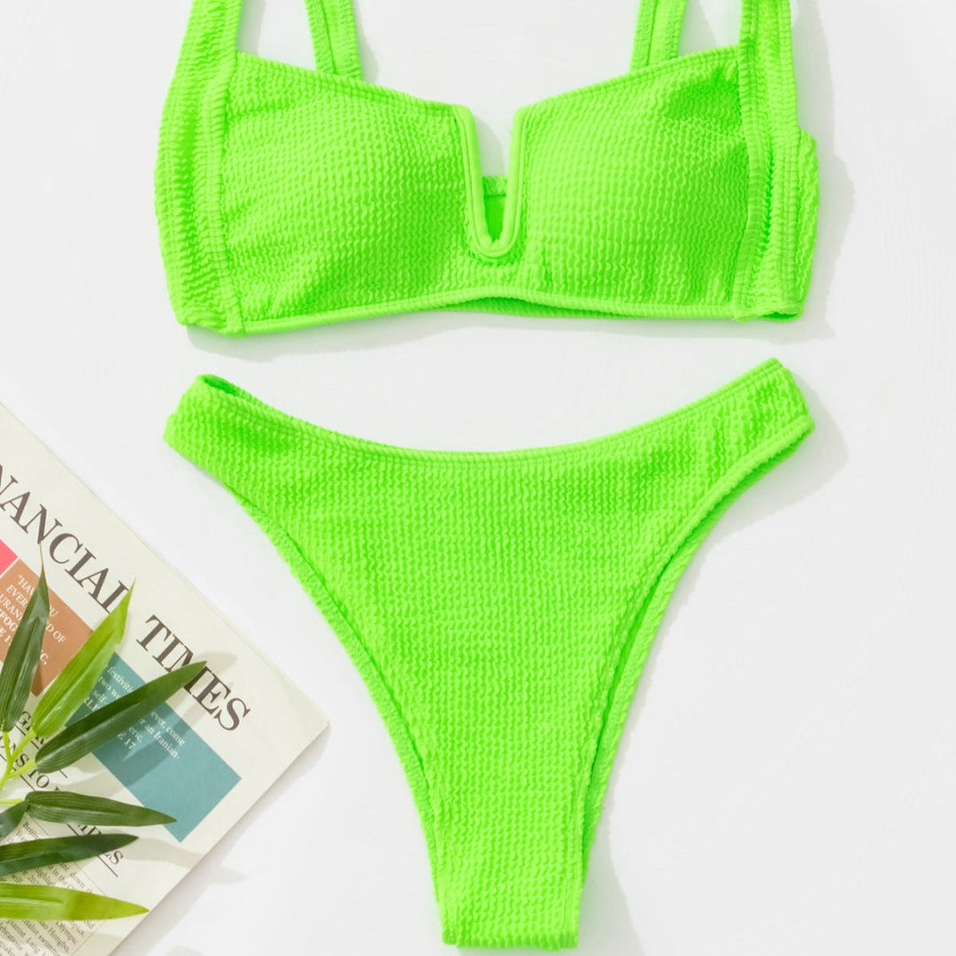 Damskie bikini z wysokim stanem, prążkowany strój kąpielowy. Idealny na wakacje i plażę.