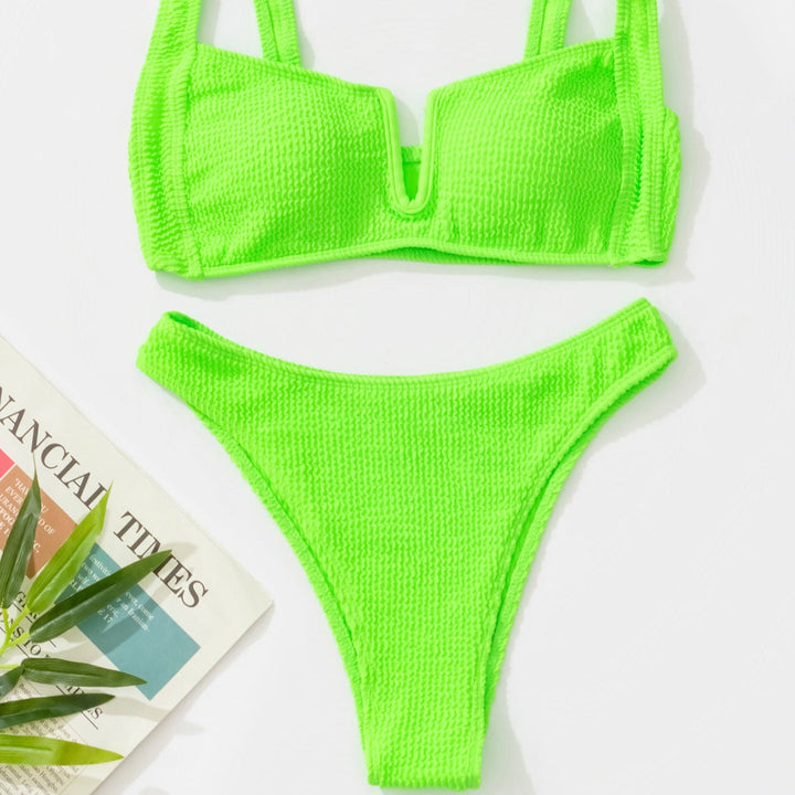 Damskie bikini z wysokim stanem, prążkowany strój kąpielowy. Idealny na wakacje i plażę.