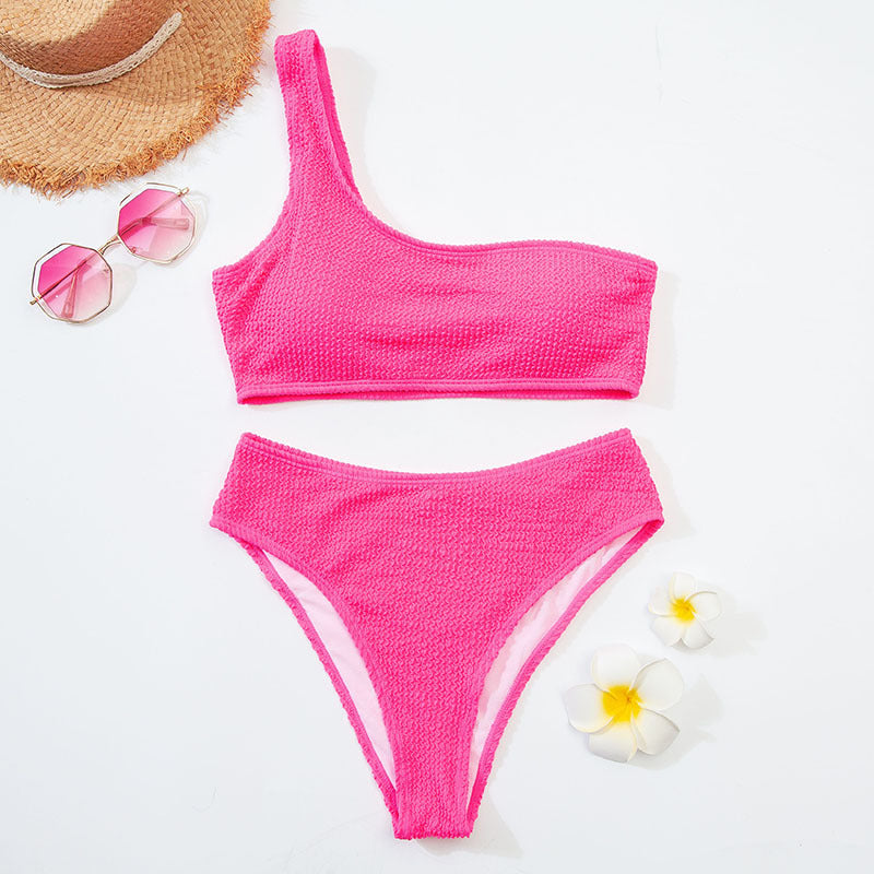 Wszechstronny damski strój kąpielowy bikini, top na jedno ramię i dół z wysokim stanem, na słońce.
