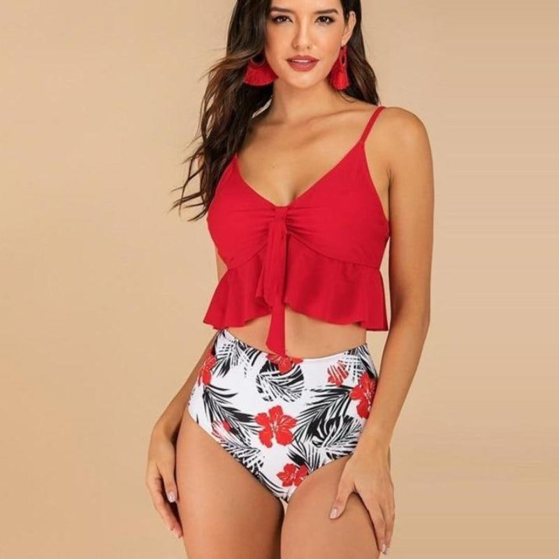 Damski dwuczęściowy strój kąpielowy tankini z falbanką, idealny na lato i plażę.