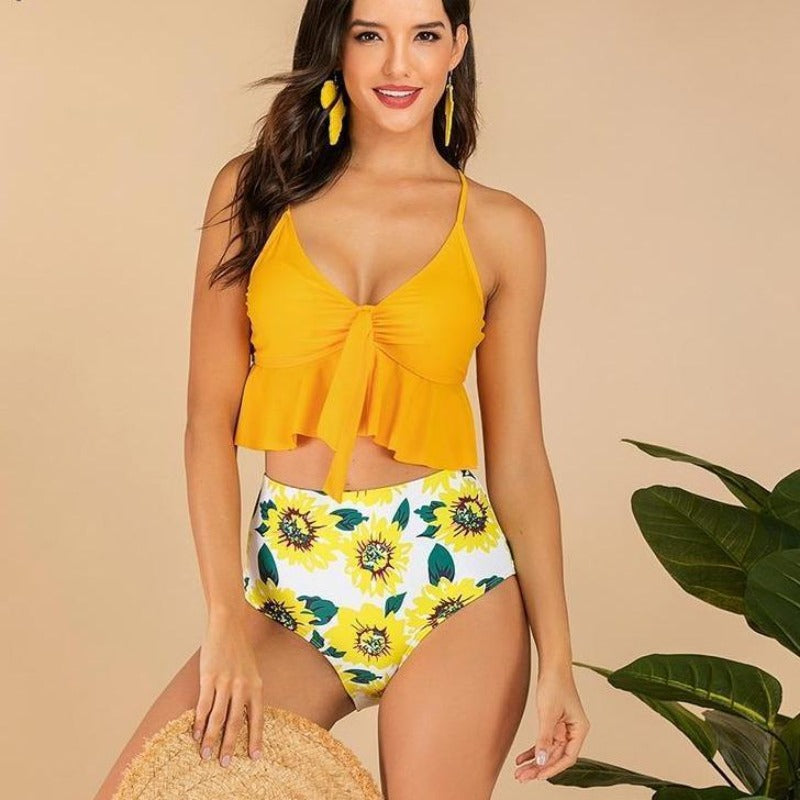 Tankini damskie dwuczęściowe z majtkami z wysokim stanem i górą z falbanką.