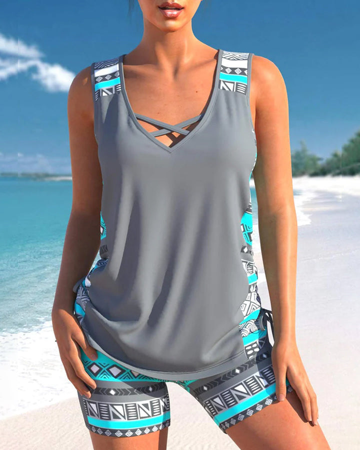 Damski dwuczęściowy zestaw tankini V-neck, idealny strój kąpielowy na plażę i basen.