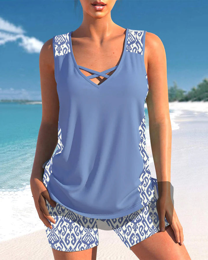 Elegancki damski zestaw tankini V-neck, dwuczęściowy strój kąpielowy na lato.