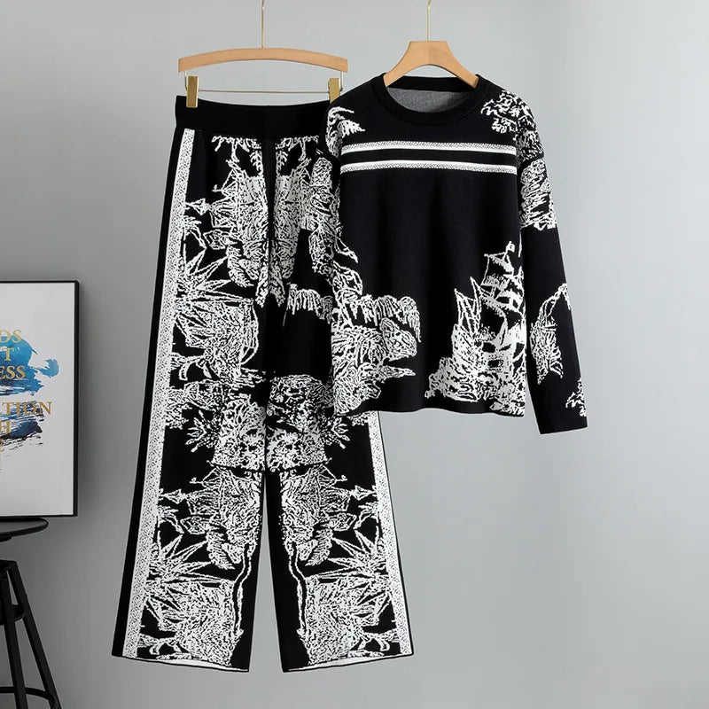 Moda damska: jesienny dzianinowy komplet we wzory z swetrem i spodniami wide leg. Komfort i styl.