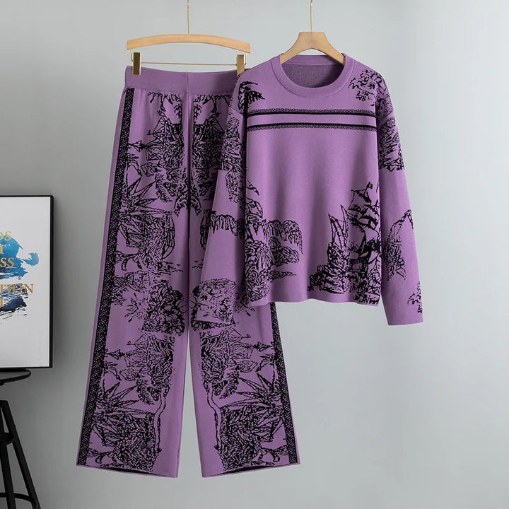 Casualowy komplet damski z dzianiny we wzory. Wygodny sweter i modne spodnie wide leg.