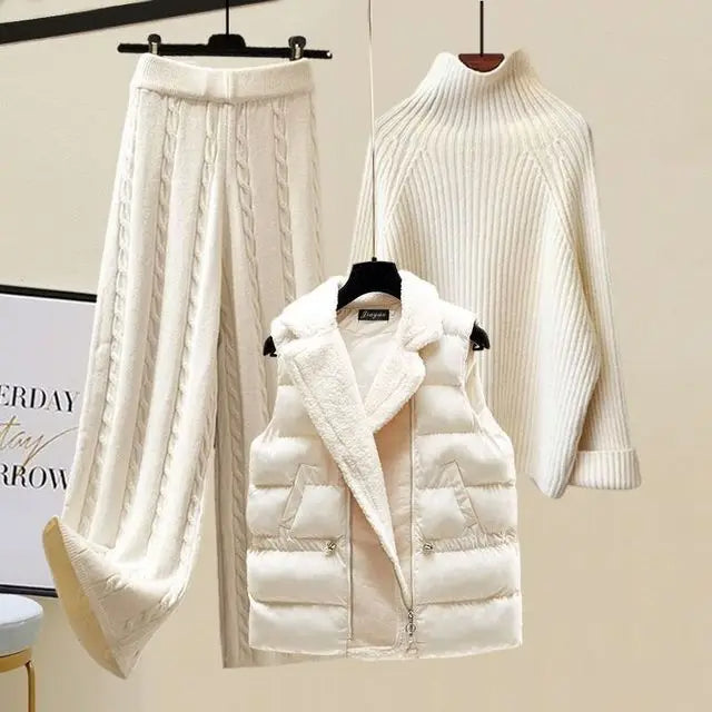 Damski dzianinowy zestaw jesień/zima: sweter, kamizelka i spodnie. Ciepły, modny, komfortowy styl.