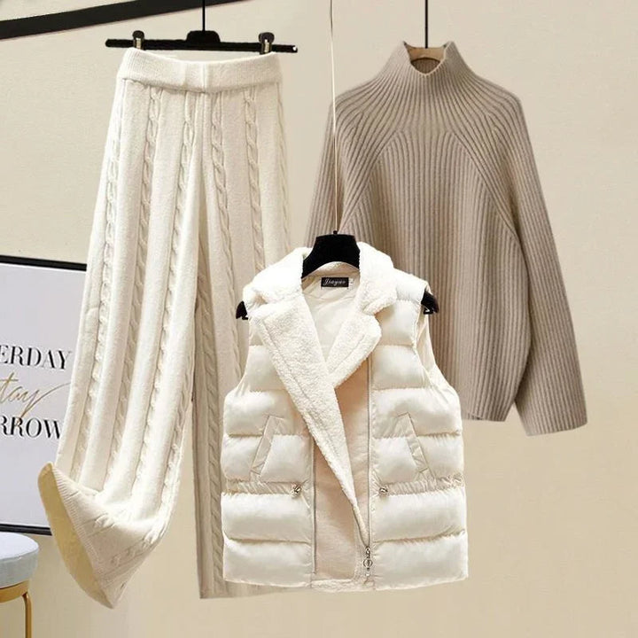 Elegancki damski dzianinowy zestaw sweter + spodnie. Komfortowy i ciepły na chłodne jesienne wieczory.