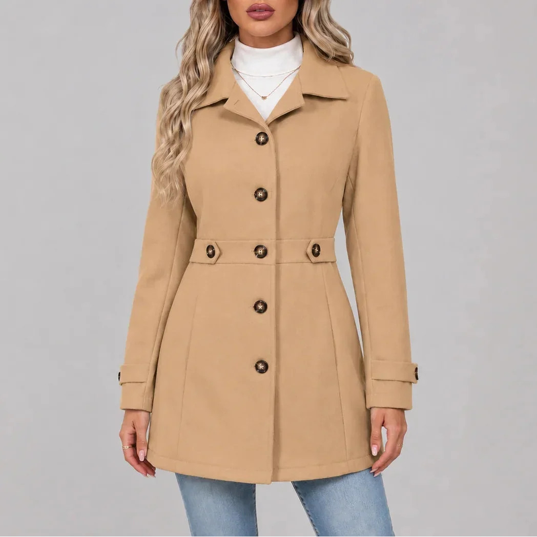 Stylowy damski płaszcz w odcieniu khaki z kołnierzem z wyłogami