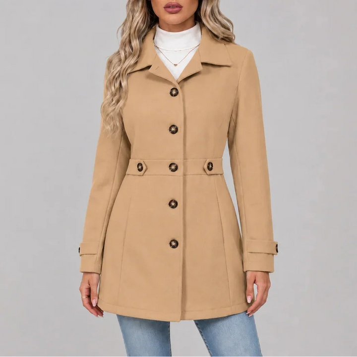 Stylowy damski płaszcz w odcieniu khaki z kołnierzem z wyłogami