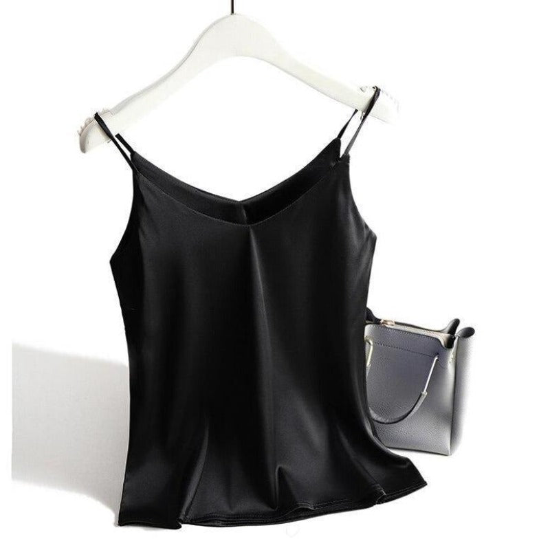 Damski elegancki tank top z dekoltem V, cienkie ramiączka. Idealny modny top na lato.