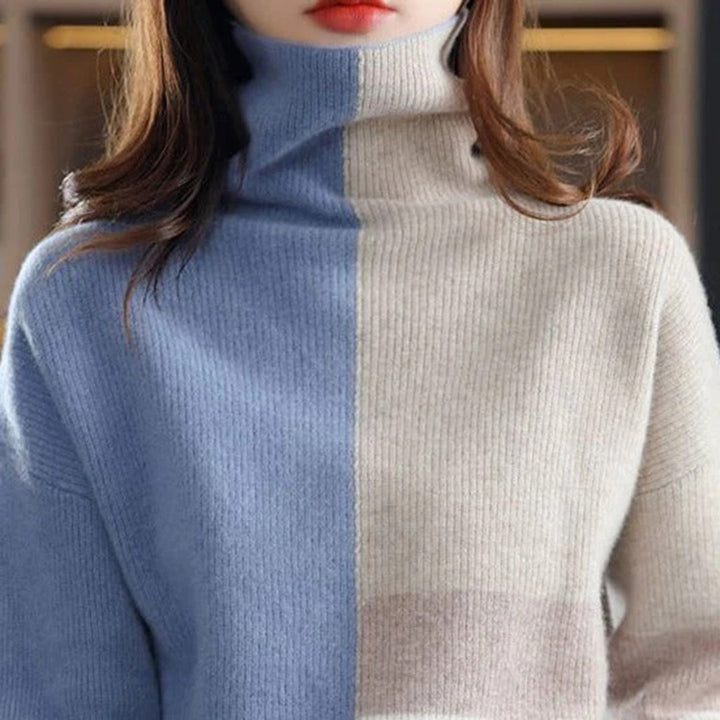 Casualowy i elegancki golf damski. Modny sweter colorblock na zimę, idealny do stylizacji biurowych i codziennych.