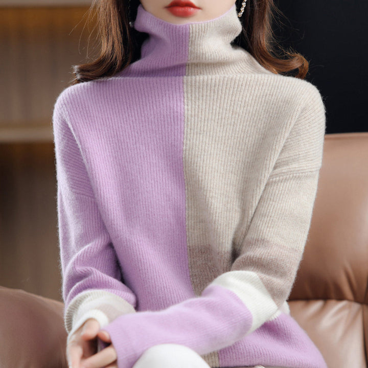 Nowoczesny golf damski colorblock. Stylowy i ciepły sweter, idealny na zimę, modna odzież damska dla komfortu.