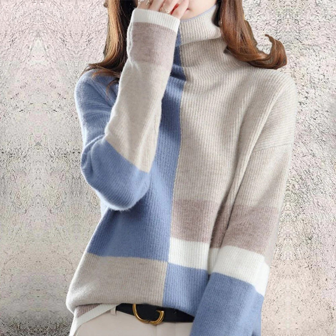 Damski sweter z golfem. Ciepły zimowy sweter colorblock, modny i uniwersalny, idealny na chłodne dni.