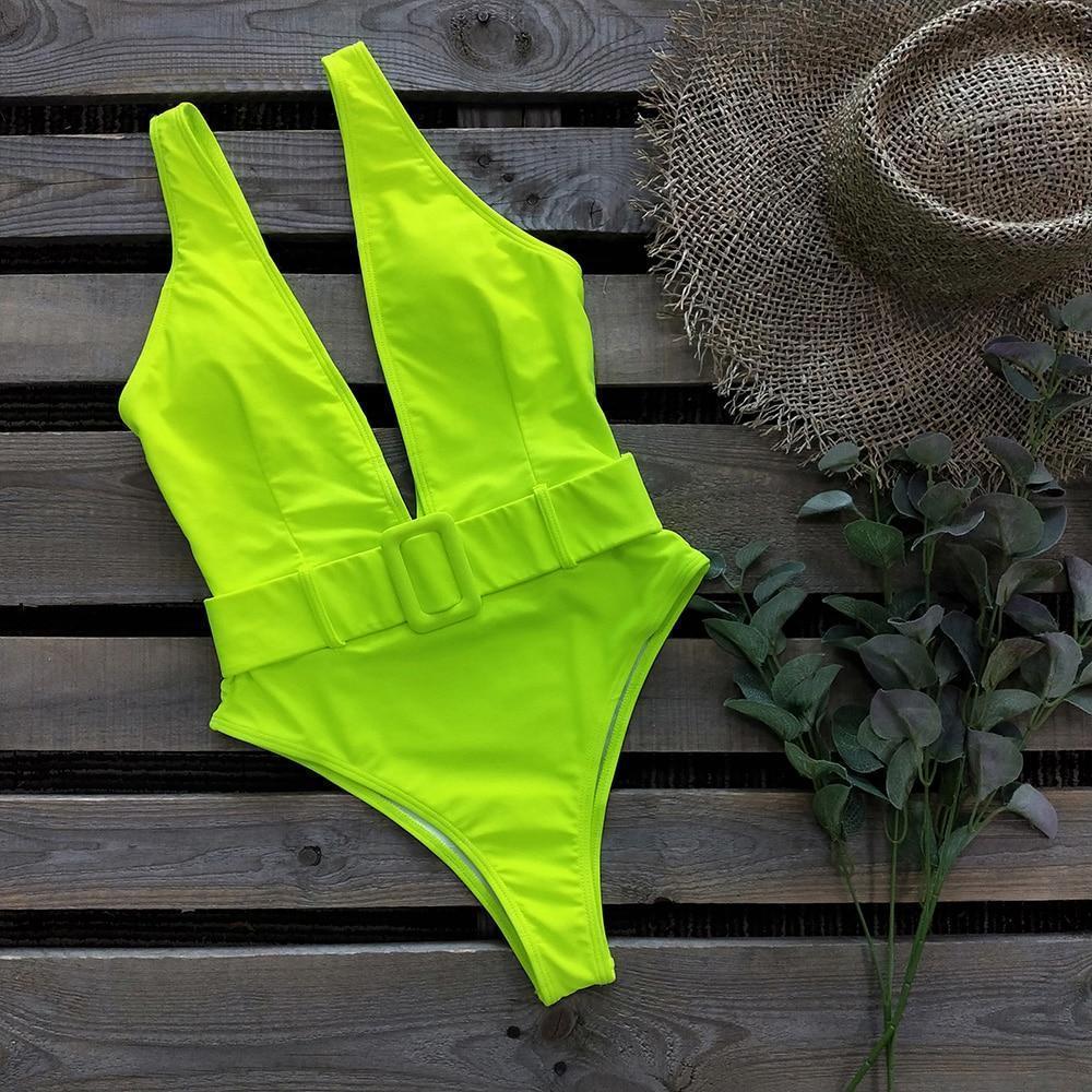 Jednoczęściowe monokini damskie z paskiem. Strój kąpielowy na lato w kolorach: biały, czarny, różowy, pomarańczowy, żółty.